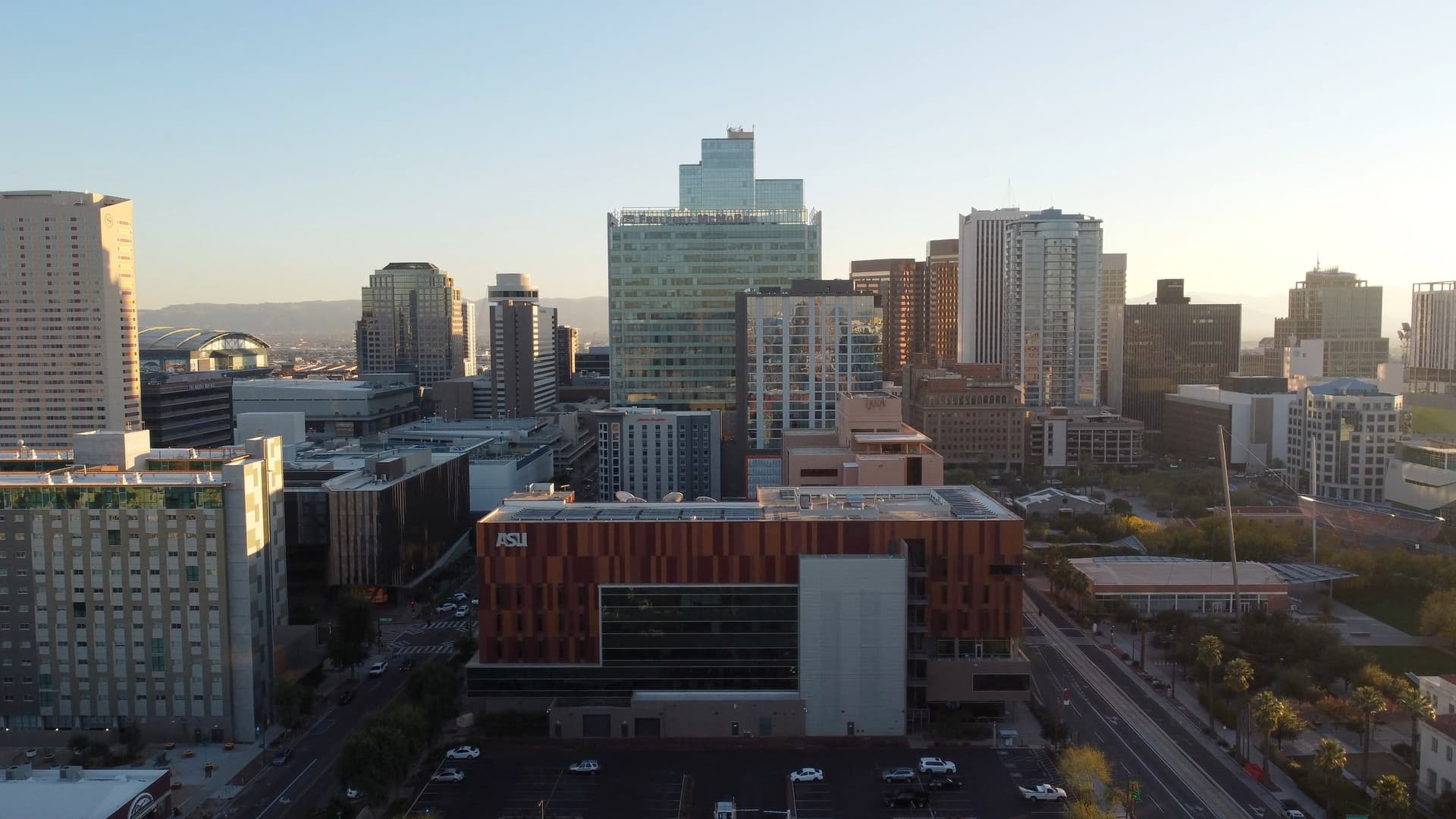 Downtown Phoenix skyline in warm evening light
