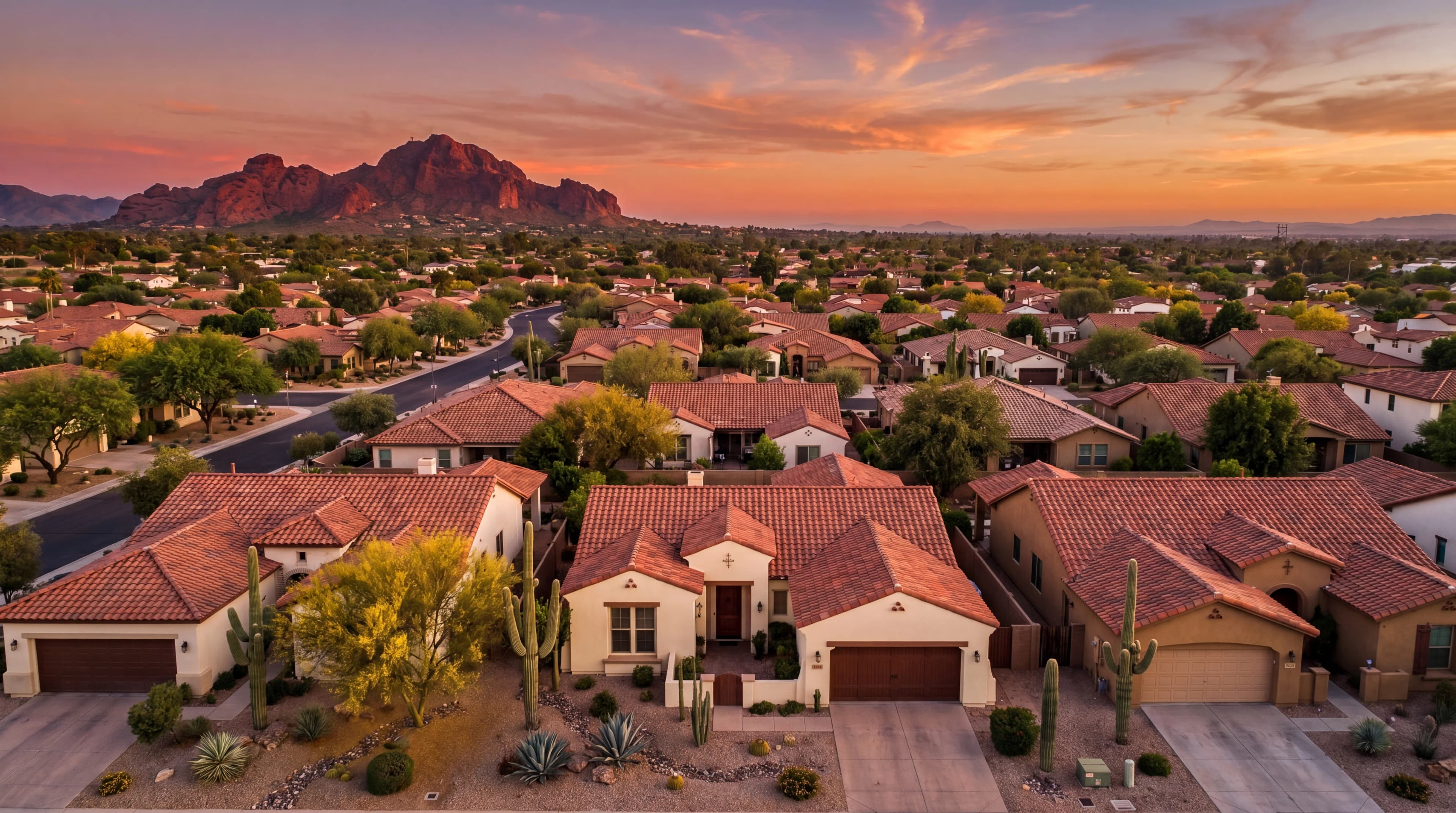 Aerial view of Phoenix Arizona homes at dusk — we buy houses in Maricopa County