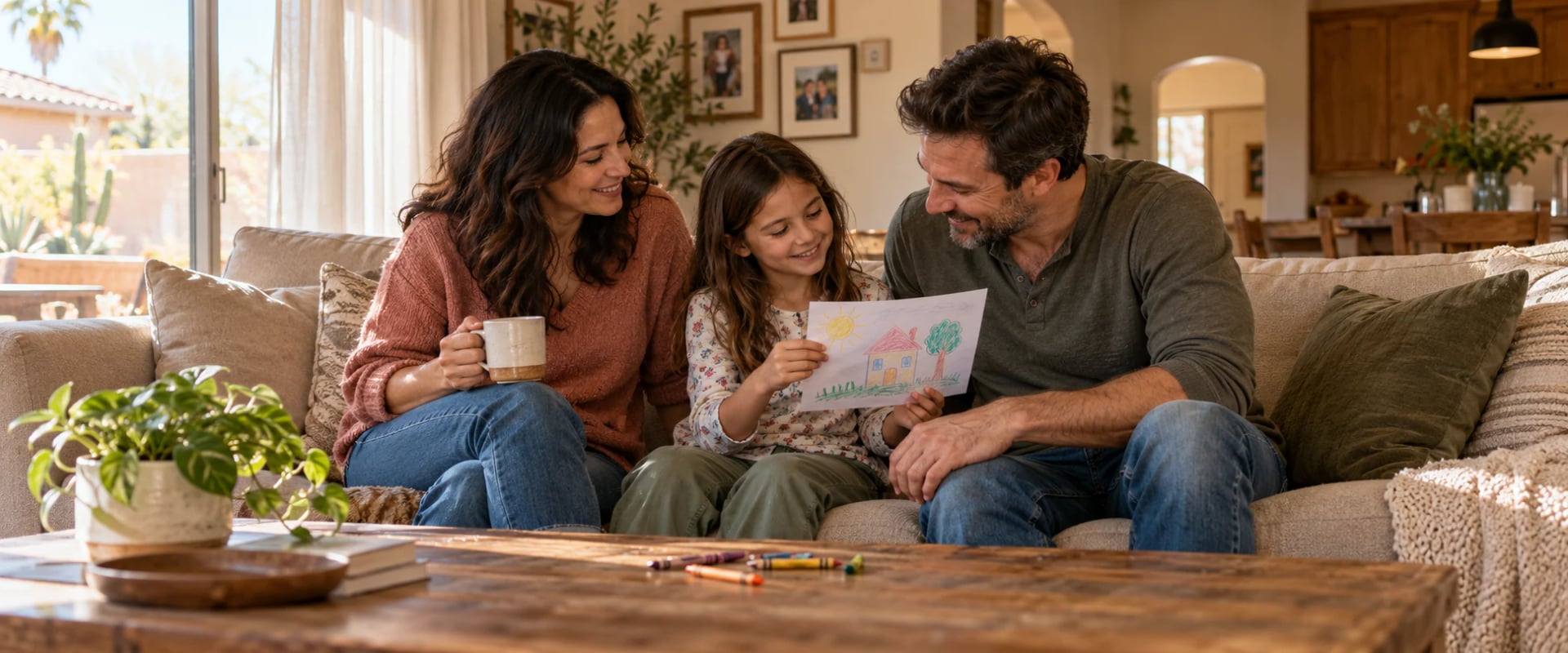 Illustrative scene of a family sharing a child’s drawing at home