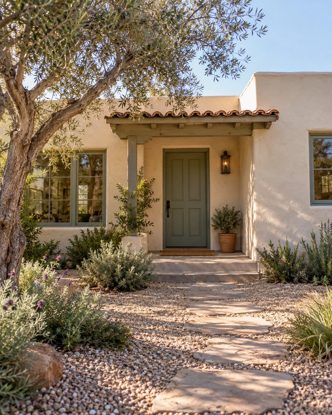 Illustrative scene of a lived-in stucco home with a shaded front entry