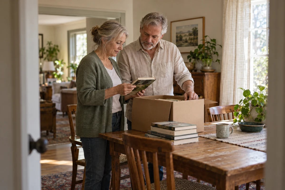 Illustrative scene of an older couple choosing books to pack at their dining table