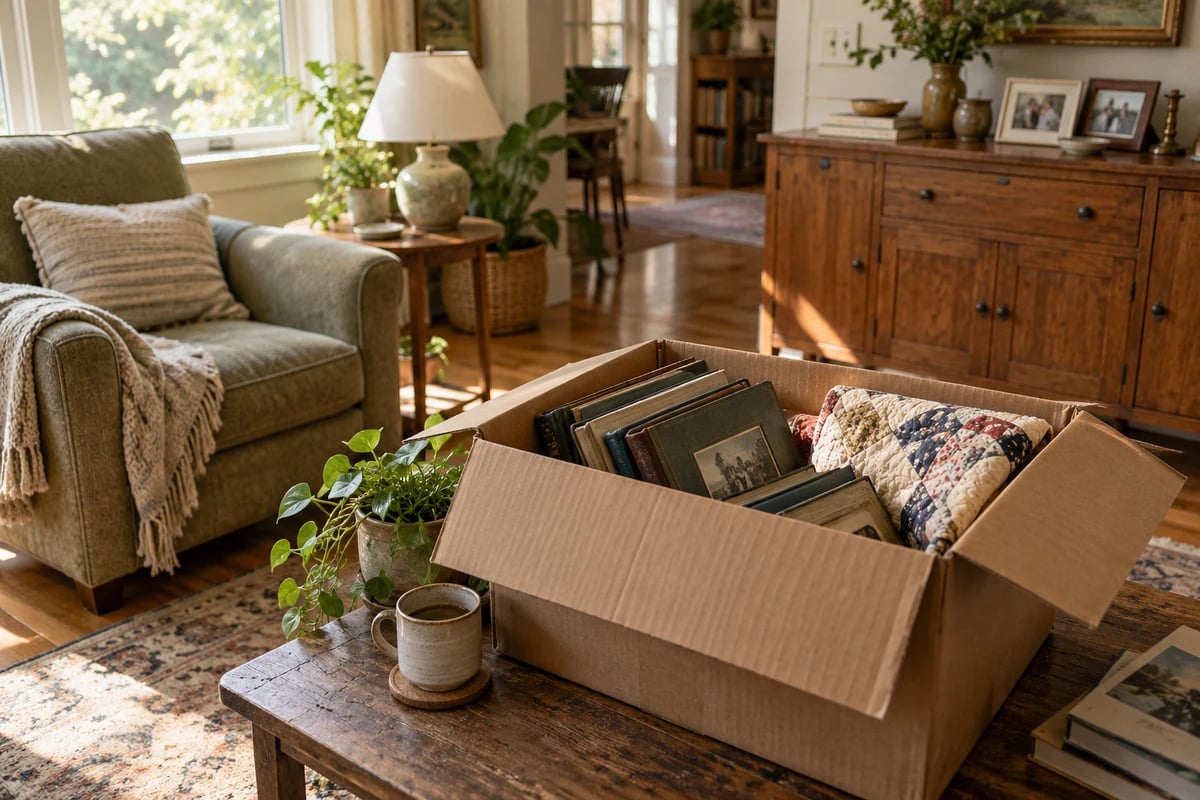 Illustrative scene of photo albums and a quilt being packed in a familiar family living room