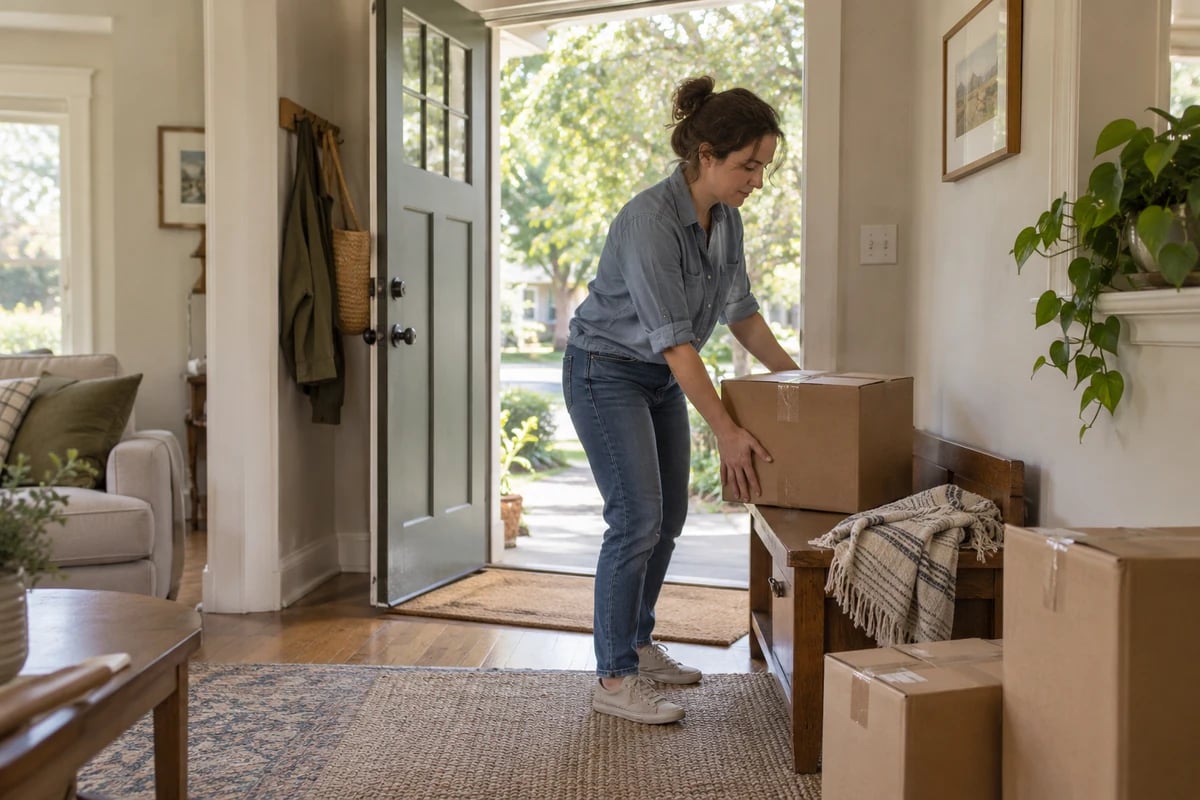 Illustrative scene of a woman setting down a moving box beside her front door