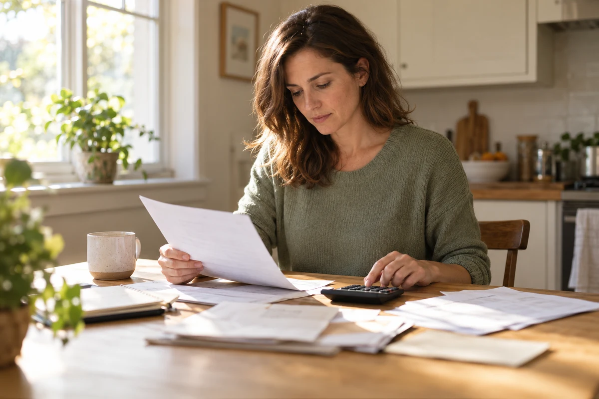 Illustrative scene of a homeowner reviewing household paperwork at a kitchen table