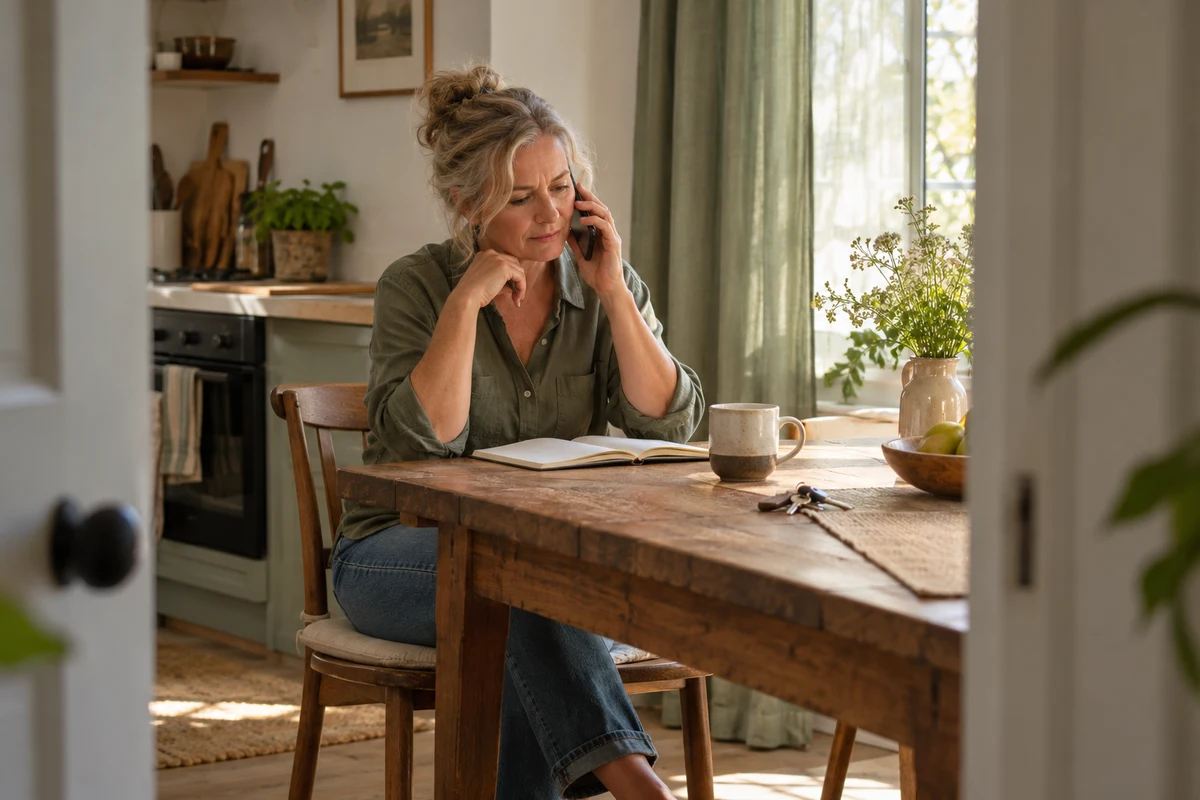 Illustrative scene of a homeowner having a phone conversation at her kitchen table