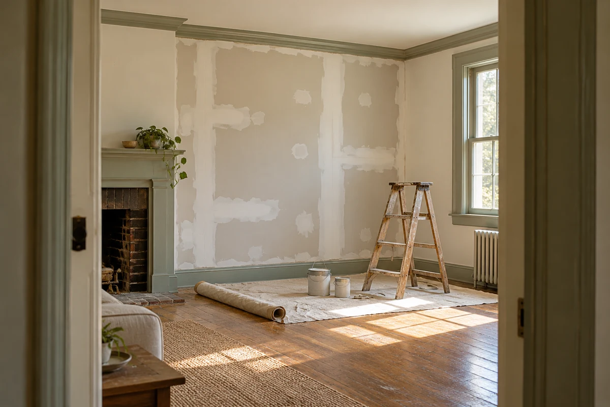 Illustrative scene of an unfinished room renovation with drywall patches and painting supplies