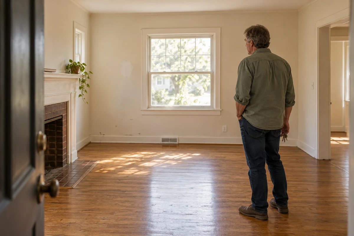 Illustrative scene of a property owner holding keys in a vacant room with everyday wear