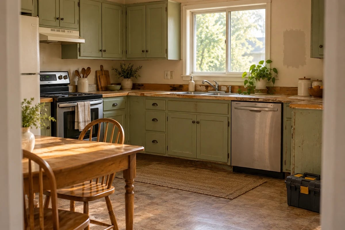 Illustrative scene of a familiar kitchen with worn cabinets and an unfinished wall patch