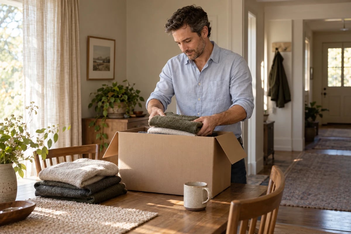 Illustrative scene of a man packing folded clothes into a box in his home