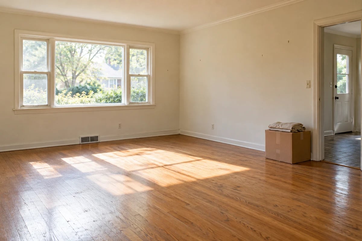 Illustrative scene of a quiet vacant living room with a box beside the doorway