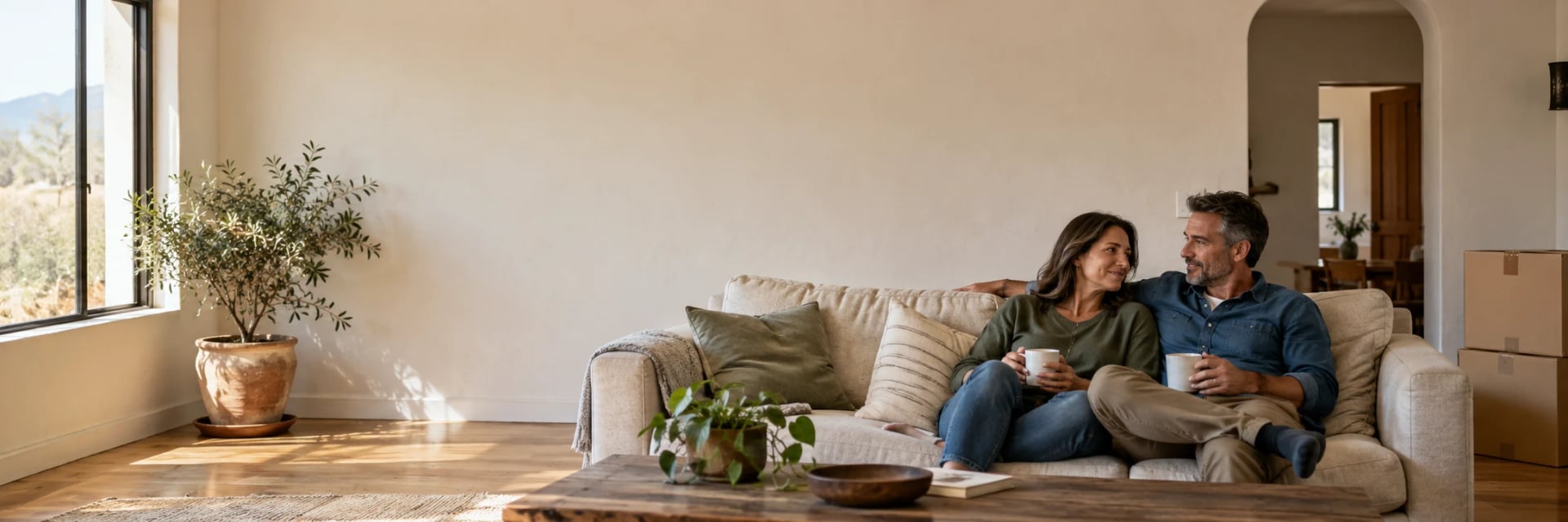 Illustrative scene of a couple relaxing at home beside moving boxes